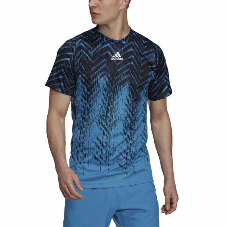 Tennis Clothing * | Cheap Adidas Men'S Freelift Primeblue Print Tee Black Sonic Aqua