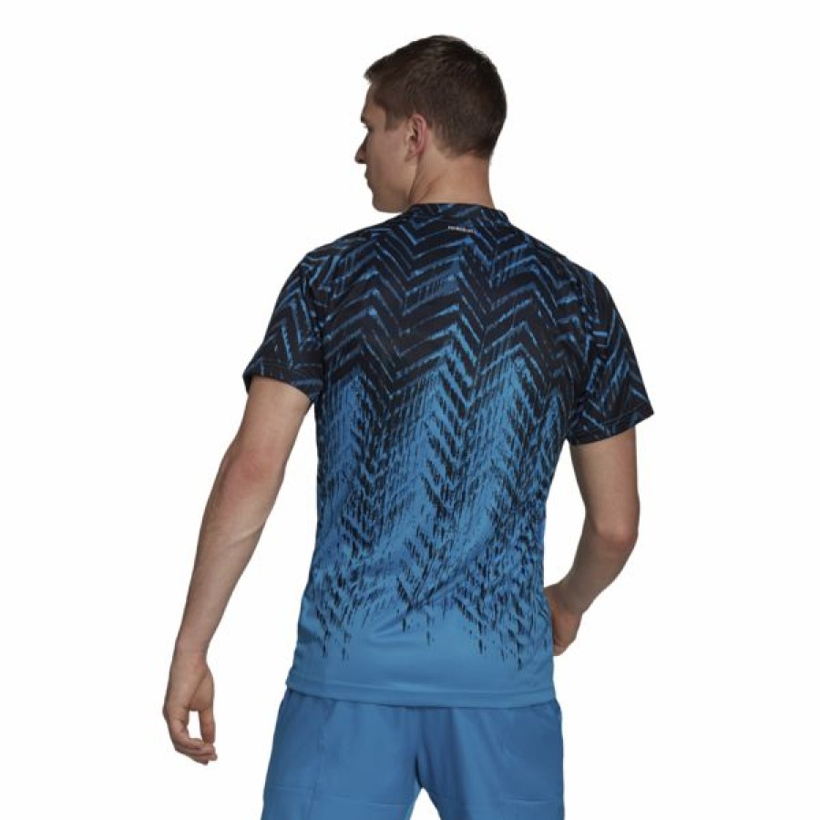 Tennis Clothing * | Cheap Adidas Men'S Freelift Primeblue Print Tee Black Sonic Aqua